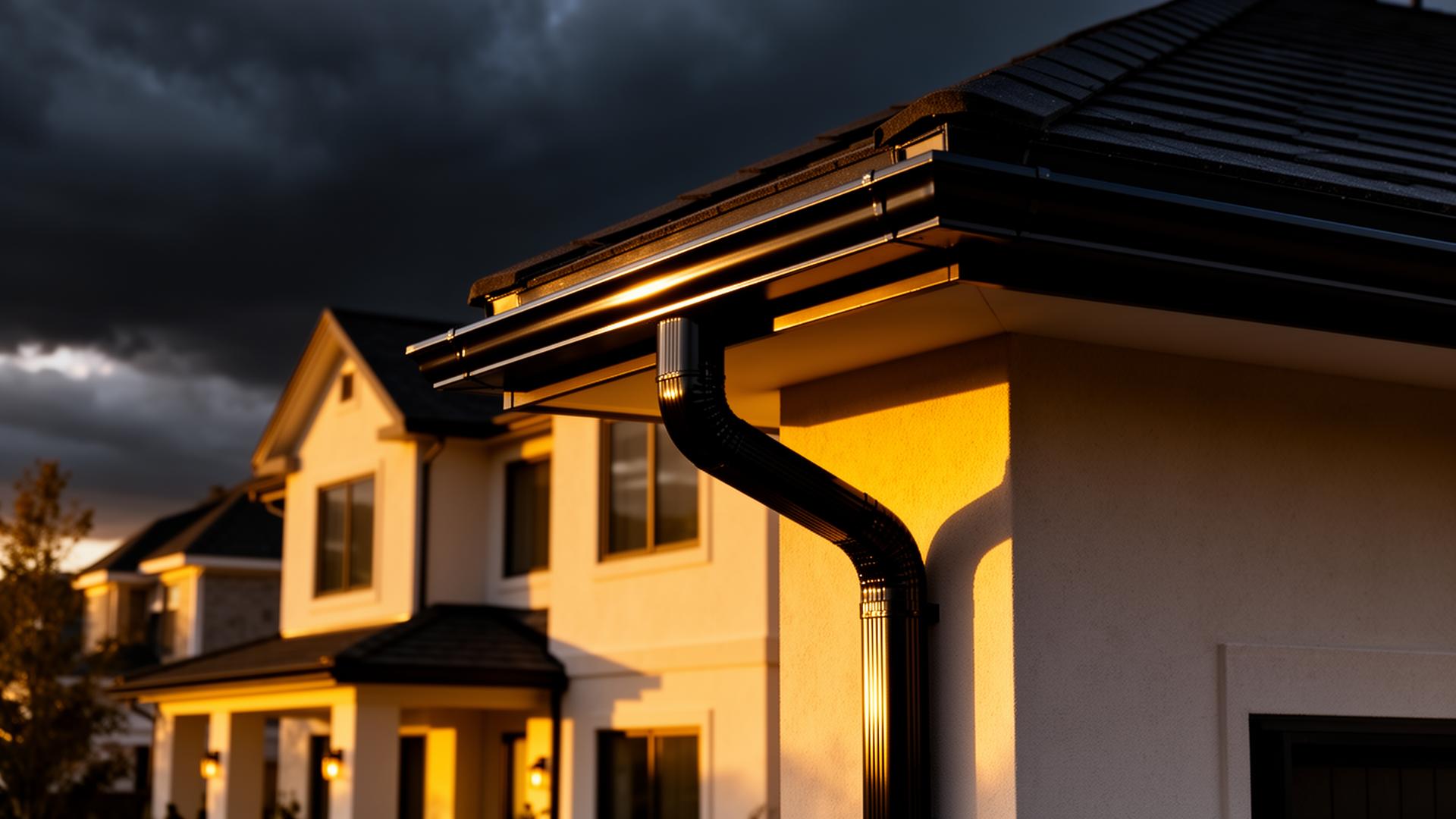 Premium American home with seamless black gutters at golden hour